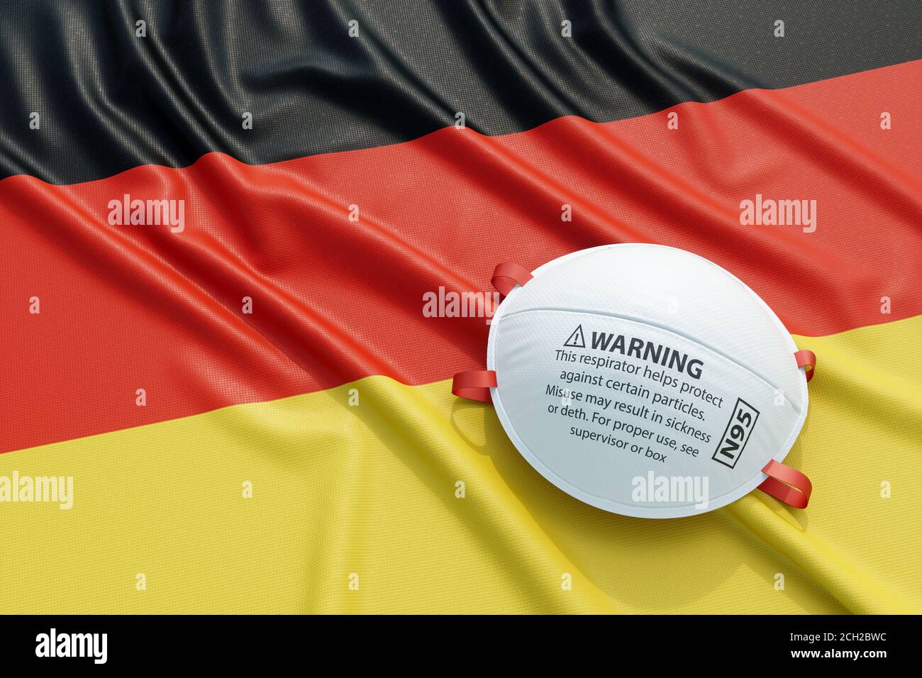 Coronavirus medizinische chirurgische Gesichtsmaske auf der deutschen Nationalflagge. Krankheit, Pandemie, Virus covid-19 in Deutschland, Konzept 3d Rendering Illustration Stockfoto