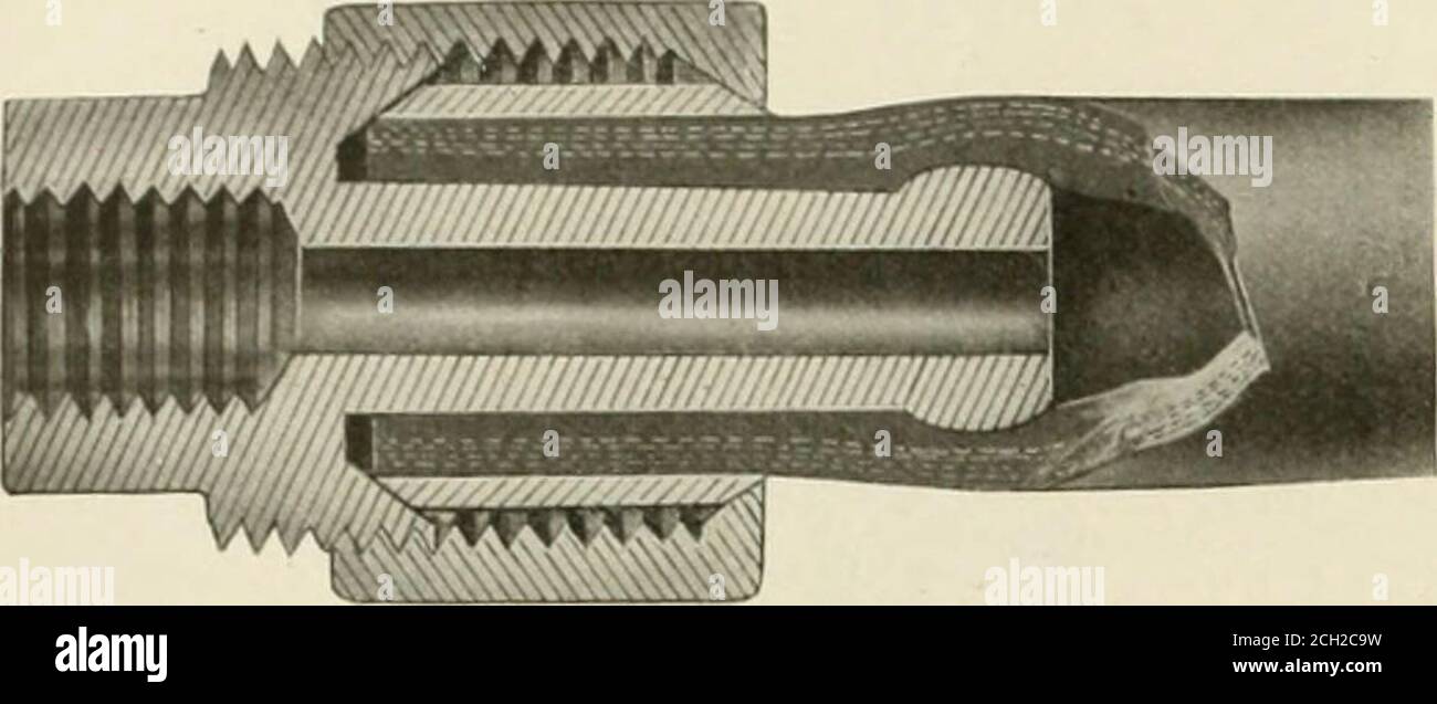 . Eisenbahnmechaniker . --Splitklemmhülse, an jedem Ende abgeschrägt. Die abgeschrägten Oberflächen werden in Gleitkontakt mit entsprechenden konkaven AII.W ^■ A(;i- gebracht. G.;^ETTE. MLA IIAXlLAl. KDrri.TX (ii. 89. Xo. 3 Oberflächen im Kupplungskörper an einem Ende und in der Klemmmutter am anderen Ende durch Verschrauben der Klemmmutter am Kupplungskörper. Der daraus resultierende Verschluss des Sleeve SAND BLAST HELM. Schnitt durch Schlauchklammer Anzeige Methode des Greifens des Schlauches bewirkt einen lirm-Griff auf eine rücksichtsvolle Länge des Schlauches undbeseitigt praktisch die Gefahr des Versagens durch Schlupf Stockfoto