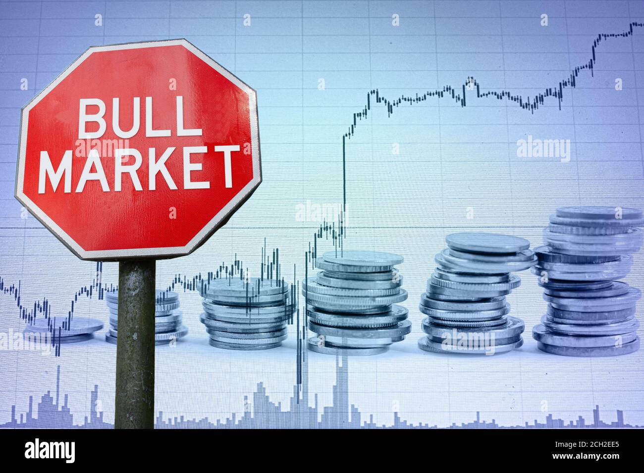Bullenmarkt Straßenschild auf Wirtschaft Hintergrund Stockfoto