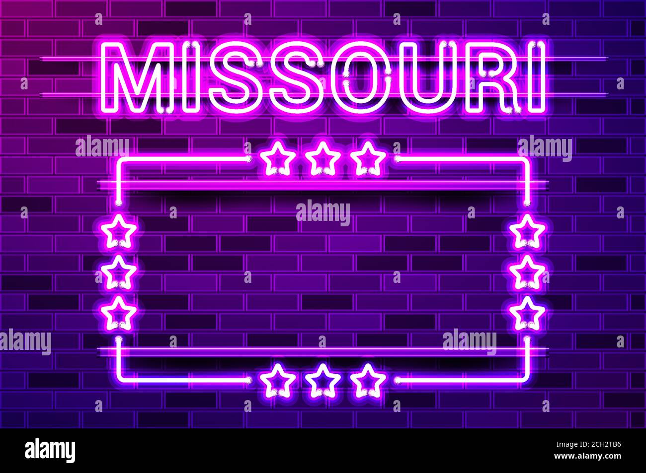 Missouri US State leuchtend lila Neon Schriftzug und ein rechteckiger Rahmen mit Sternen. Realistische Vektordarstellung. Violette Ziegelwand, violette Glut, erfüllt Stock Vektor