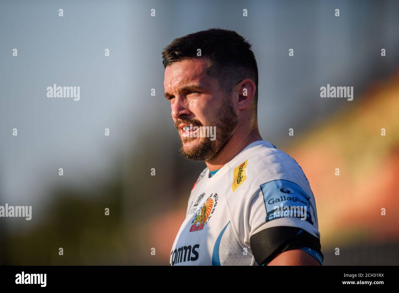 LONDON, GROSSBRITANNIEN. September 2020. Tom Price Exeter Chiefs schaut während der Gallagher Premiership Rugby Match Runde 20 zwischen Saracens und Exeter Chiefs im Allianz Park am Sonntag, 13. September 2020. LONDON ENGLAND. Kredit: Taka G Wu/Alamy Live Nachrichten Stockfoto