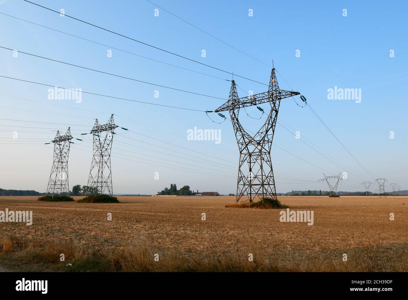 Gruppe von elektrischen Pylonen, Hochspannungsleitungen. Deckenkabel, die Strom in die Städte transportieren. Stockfoto