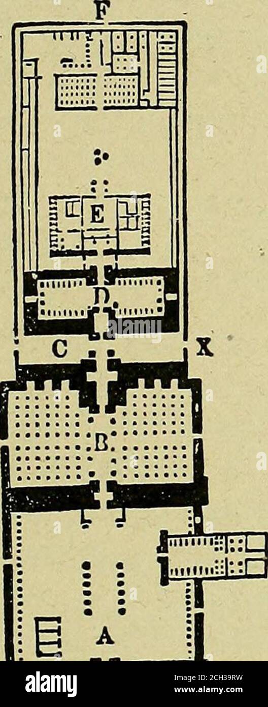 . Einfache Schritte in der Architektur und Architekturzeichnung .. . Abb. 50. EINGANG ZUM FELSENTEMPEL BEI IPSAMBOULWITH VOR KOLOSSALEN STATUEN. An einer Seite von einem schräg eingesiedenen Tempel von Rameses III. Abgetrennt; während durch einen zweiten Pylon die große Säulenhalle (B) erreicht wird. Diese Halle ist 170 Fuß lang von 332 Fuß breit, und sein Dach wird in der Mitte von 12 Säulen 75 Fuß hoch unterstützt, undbv 122 kleinere Säulen, die in sieben EINFACHE LEKTIONEN IN ARCHITEKTUR unterteilt sind 129 Abb. 52 zeigt, wie der mittlere Durchgang durch diese Anordnung der Erhöhung der Kolumnen in der Mitte imposanter gemacht wird Stockfoto