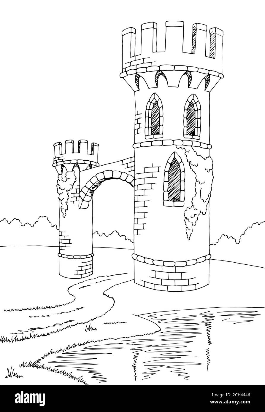 Alte Turm Grafik schwarz weiß See Landschaft Skizze Illustration Vektor Stock Vektor