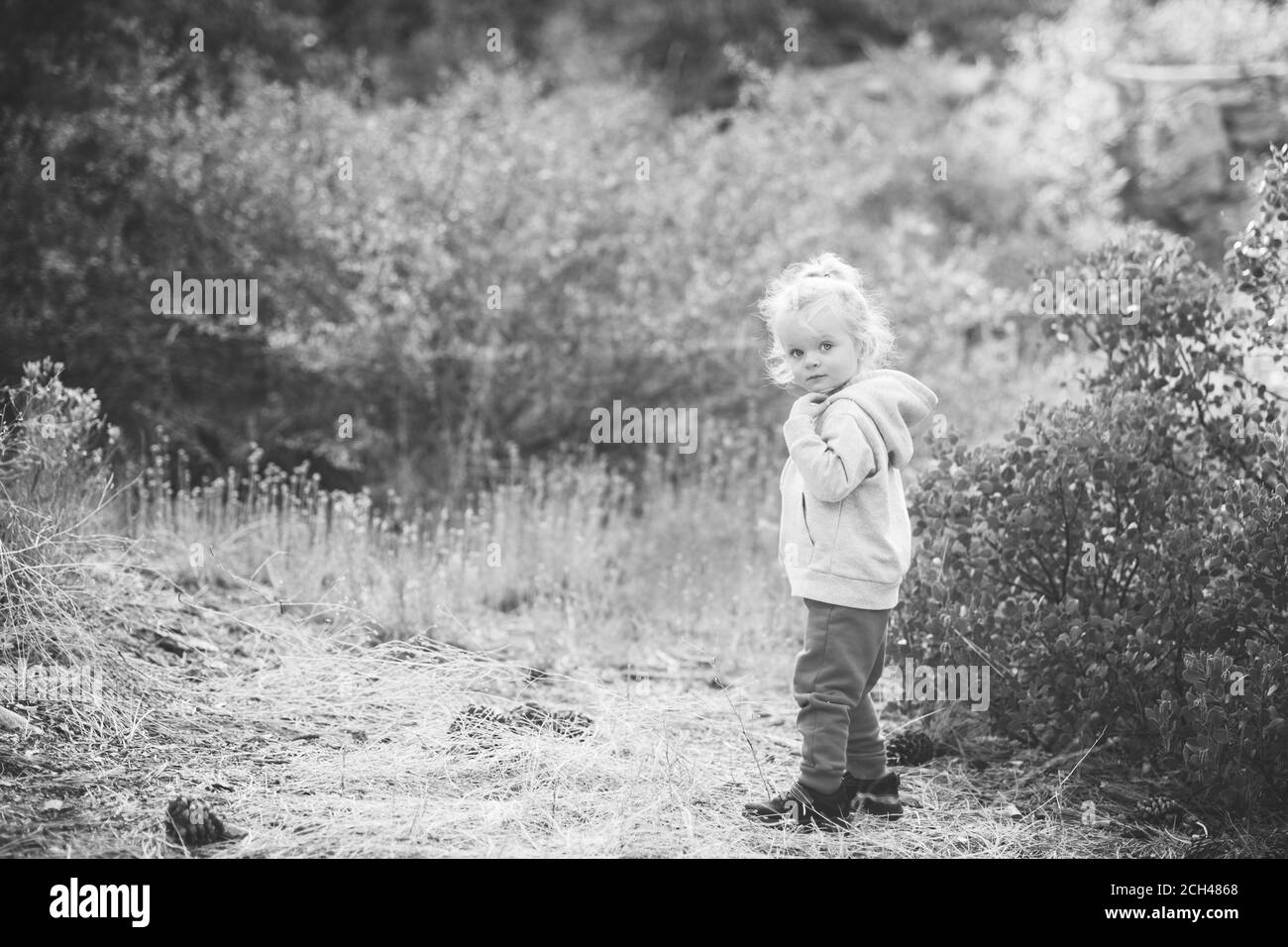 Schwarz-Weiß-Fotografie eines 2-jährigen Kleinkindes, das auf einem Naturspaziergang mit ihrer Mama am Happy Hills Trail in Big Bear, Kalifornien posiert. Stockfoto