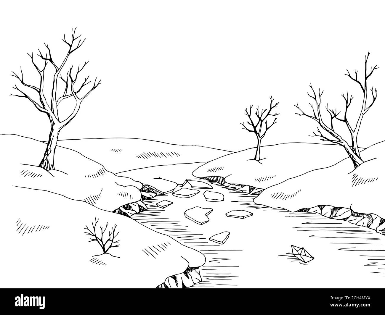Frühling Fluss Grafik schwarz weiß Landschaft Skizze Illustration Vektor Stock Vektor
