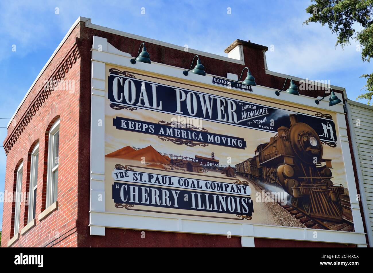 Cherry, Illinois, USA. Eine Plakatwand in der kleinen Stadt Cherry, Illinois, verbindet die Gemeinde mit ihrer Vergangenheit. Stockfoto