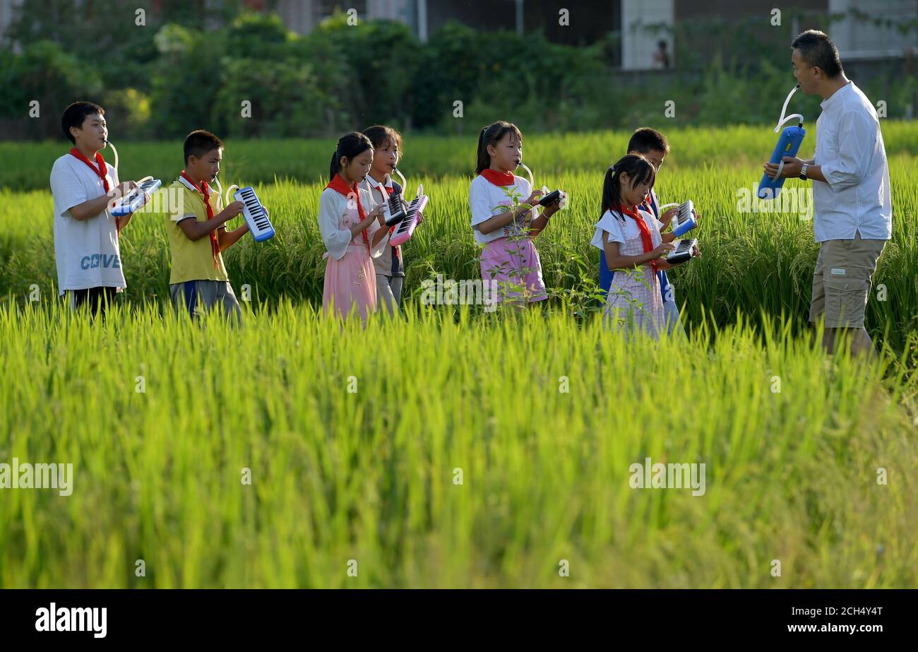 Peking, Chinas Provinz Jiangxi. September 2020. Der Musiklehrer Yang Hao (1. R) hält eine wöchentliche Feldschulung für Mitglieder der Melodica-Band der Yantian Primary School in der Gemeinde Gaocun, Bezirk Wanzai, Provinz Jiangxi in Ostchina, am 3. September 2020 ab. Quelle: Peng Zhaozhi/Xinhua/Alamy Live News Stockfoto