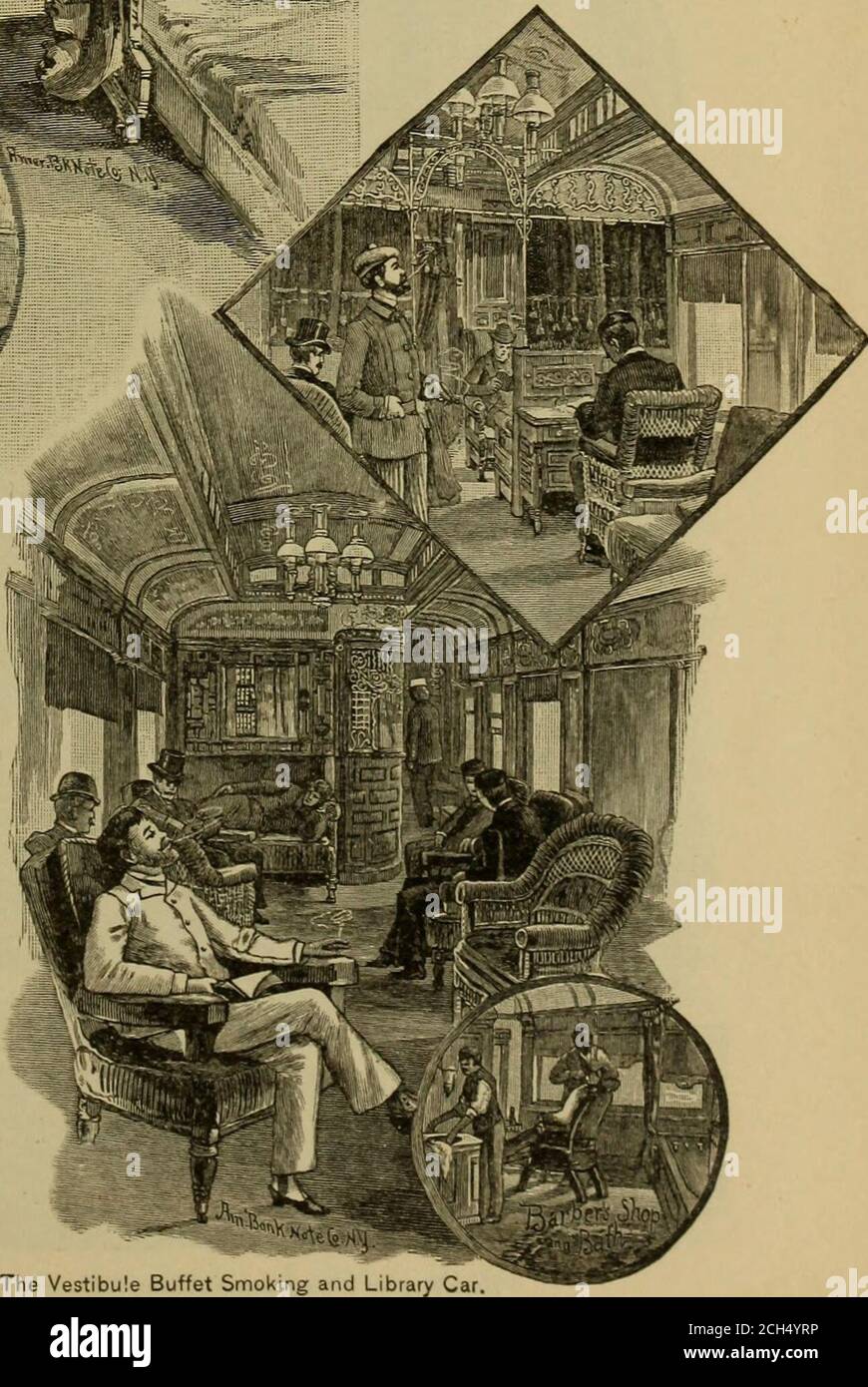 . Gesundheit und Vergnügen auf Amerikas größter Eisenbahn.. . WAGNERPALACE CAR CO. Der Zeichnungs- und schlafwagenserviceauf der New York Cen-tral & Hudson RiverRailroad und ihren imme-diate Verbindungen wird die wag-ner Palace Car Company betrieben, die sich in den letzten Jahren komplett neu organisiert hat. Innenraum des neuen und herrlichen WagnerPalace Schlafwagen. Die neuen Schlafwagen jetzt im Liniendienst auf der Limited und anderen Schnellstraßen auf der New Yorker Cen-tral Route wurden von der Wagner Palace Car Company gebaut, die die kontrollierende Idee im Bau war, dem absolauten Komfort zu sichern Stockfoto