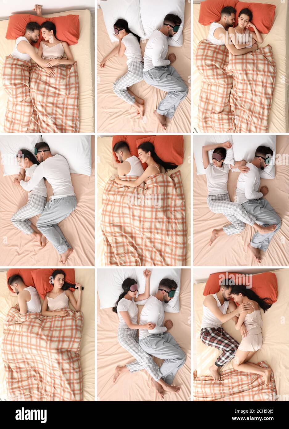 Junges Paar schlafen in verschiedenen Positionen auf dem Bett, Ansicht von  oben Stockfotografie - Alamy