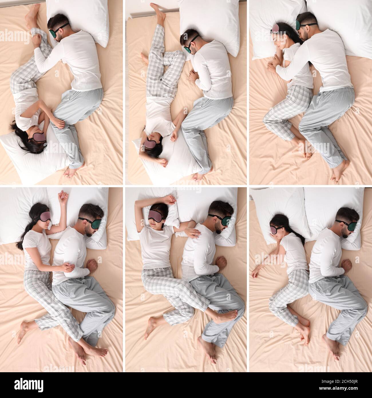 Junges Paar schlafen in verschiedenen Positionen auf dem Bett, Ansicht von  oben Stockfotografie - Alamy