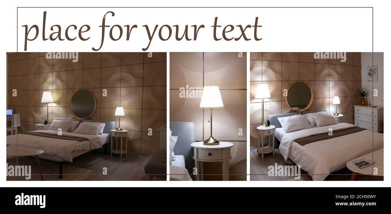 Collage von Fotos mit modernen Hotelzimmer und Platz für Text Stockfoto