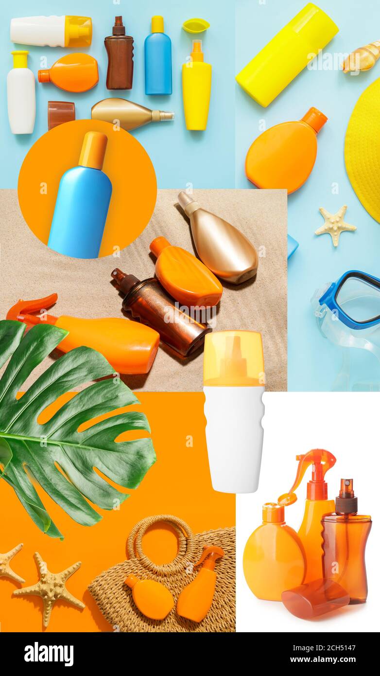 Collage von Fotos mit Sonnenschutzcreme Stockfoto