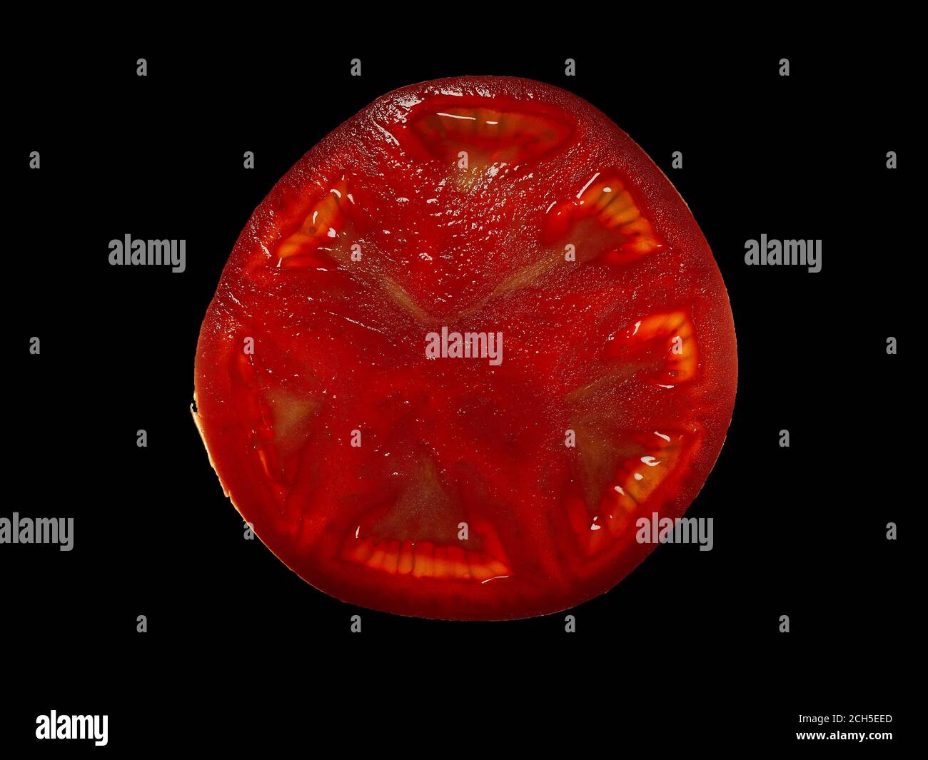 Kunstfoto der roten Tomate isoliert auf schwarzem Hintergrund Stockfoto