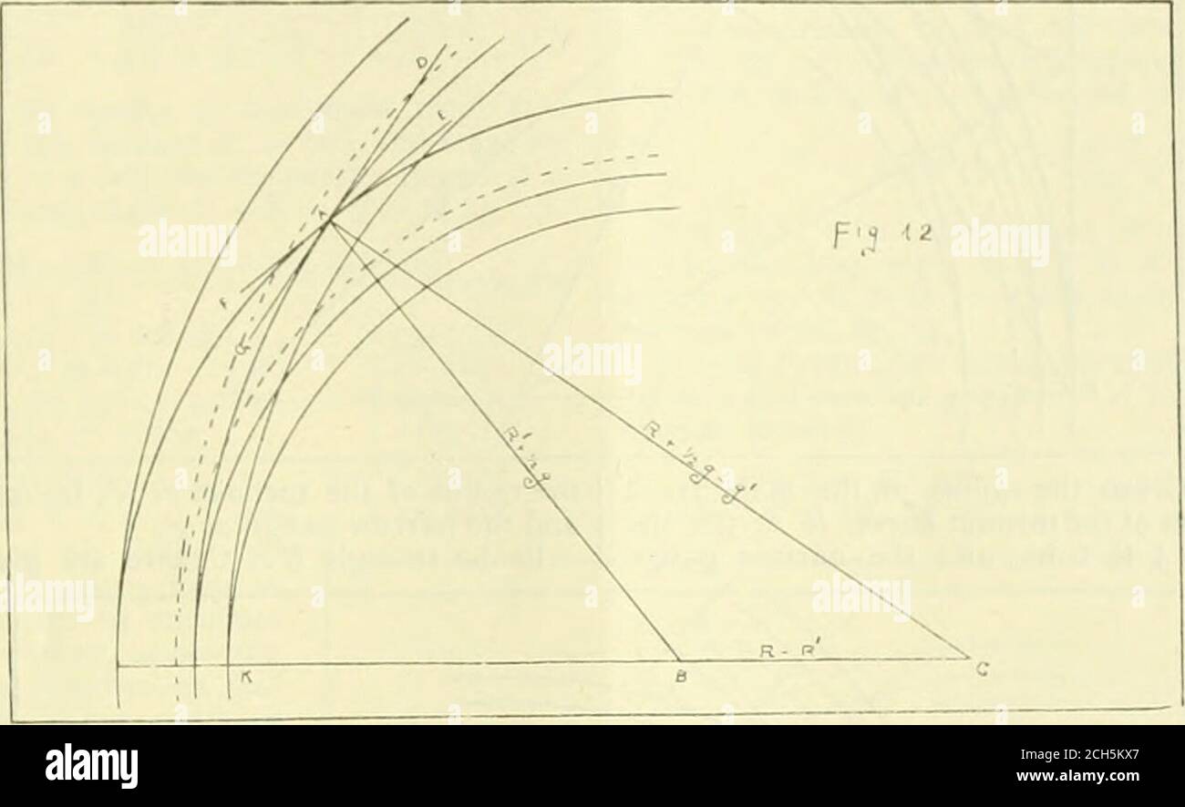 . Amerikanischer Ingenieur und Eisenbahnjournal . dius der Hauptbahn = A,der Radius der Weiche - A, (er Normalspur = g, und die Schmalspur = g. Im Dreieck ./ /&gt; C haben wir die Seite ./ C = A* + A^ – tr, die Seite A J&gt; = A + i g und die Seite li C =A? -/?. , . (/?-/?) + (A- + i^ - g) + (A- + ig)Lassen Sie J = ^ « dann, aus der Trigonometrie, wir haveSin. i BAC :/i -(^ + ig-g)] [s-{/i + ig)] (A + i.g-i.-) C^+i.C) («4) Meter = 3.281 ft. – um den Froschwinkel D ZU finden A E = /? . / C, Abb. 12 :  (573 69-38o)4.(573-69+2-625 – 3-28i)+(38o4-2.625)s – ^   574.674 s – {R-ykg-g) = ^Mo 02148438 s – (/?+ ii g) = 1 Stockfoto