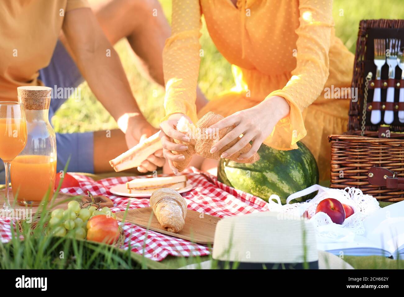 Glückliches junges Paar auf Picknick im Park Stockfoto