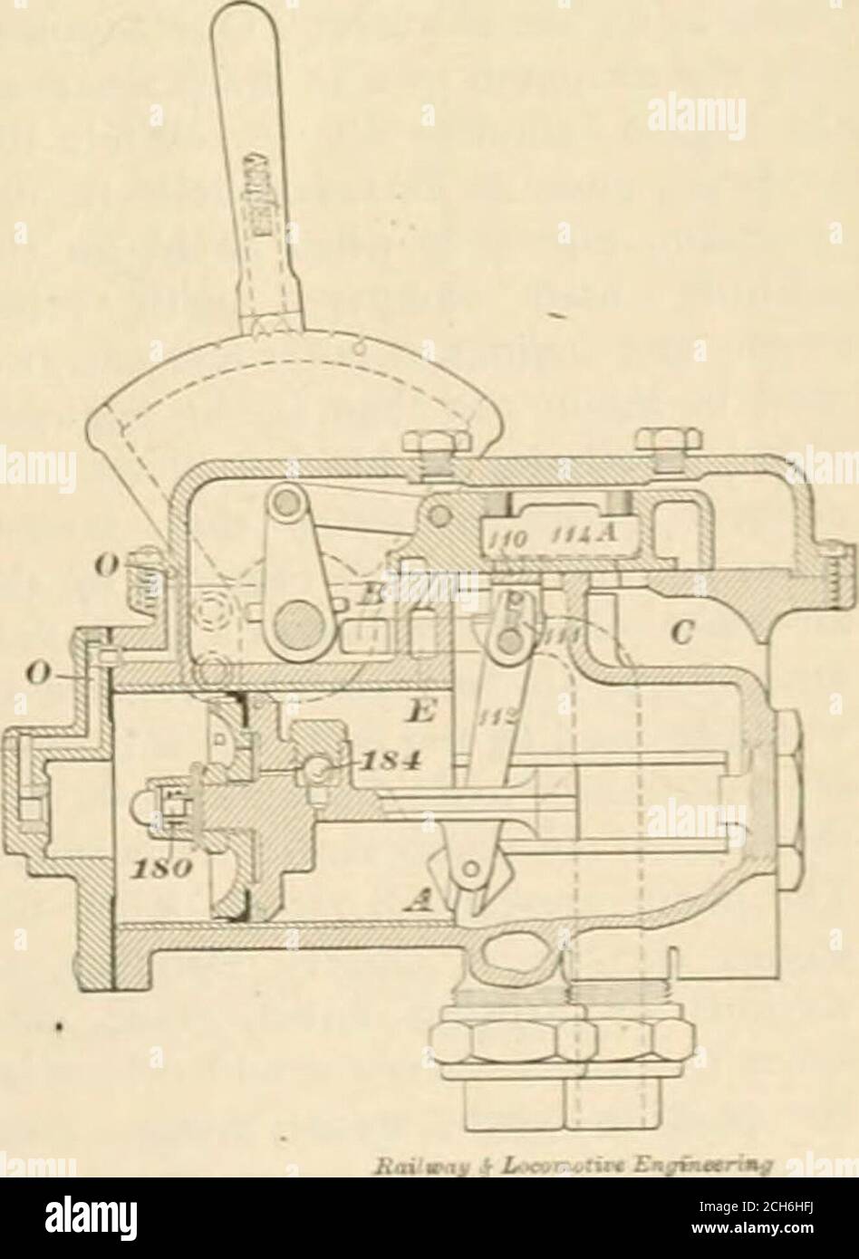. Eisenbahn- und Lokomotivbau : eine praktische Zeitschrift der Eisenbahn Triebkraft und Rollmaterial . ein Halteventil auf der Fahrerbremse halten in der Durchlassstrecke der Strecke, wenn die Bremsen gelöst werden und Raitvay ^ LoiMMn / Fik Hjiginocring andere außer Betrieb? A. - Es ist nicht gute Praxis zu versuchen, onedRiver-Bremse Zylinder zu verwenden, wenn die andere sollte defekt oder defekt werden, da dies würde ungleichmäßige Belastungen auf den Seitenstangen des Motors werfen, und wenn die Keile wurden nicht richtig eingestellt, könnte es das Mittel zum Abisolieren einer Seite sein. (38) D. J. L., Burlington, Mo., fragt: Wie lange dauert es für die Luft Stockfoto