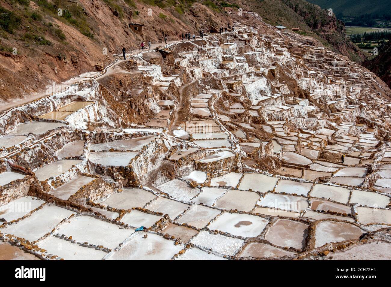 Die Maras Salzverdunstung Teiche im Heiligen Tal der Inkas in Peru. Die Teiche sind seit den Tagen der Inkas in Gebrauch. Stockfoto