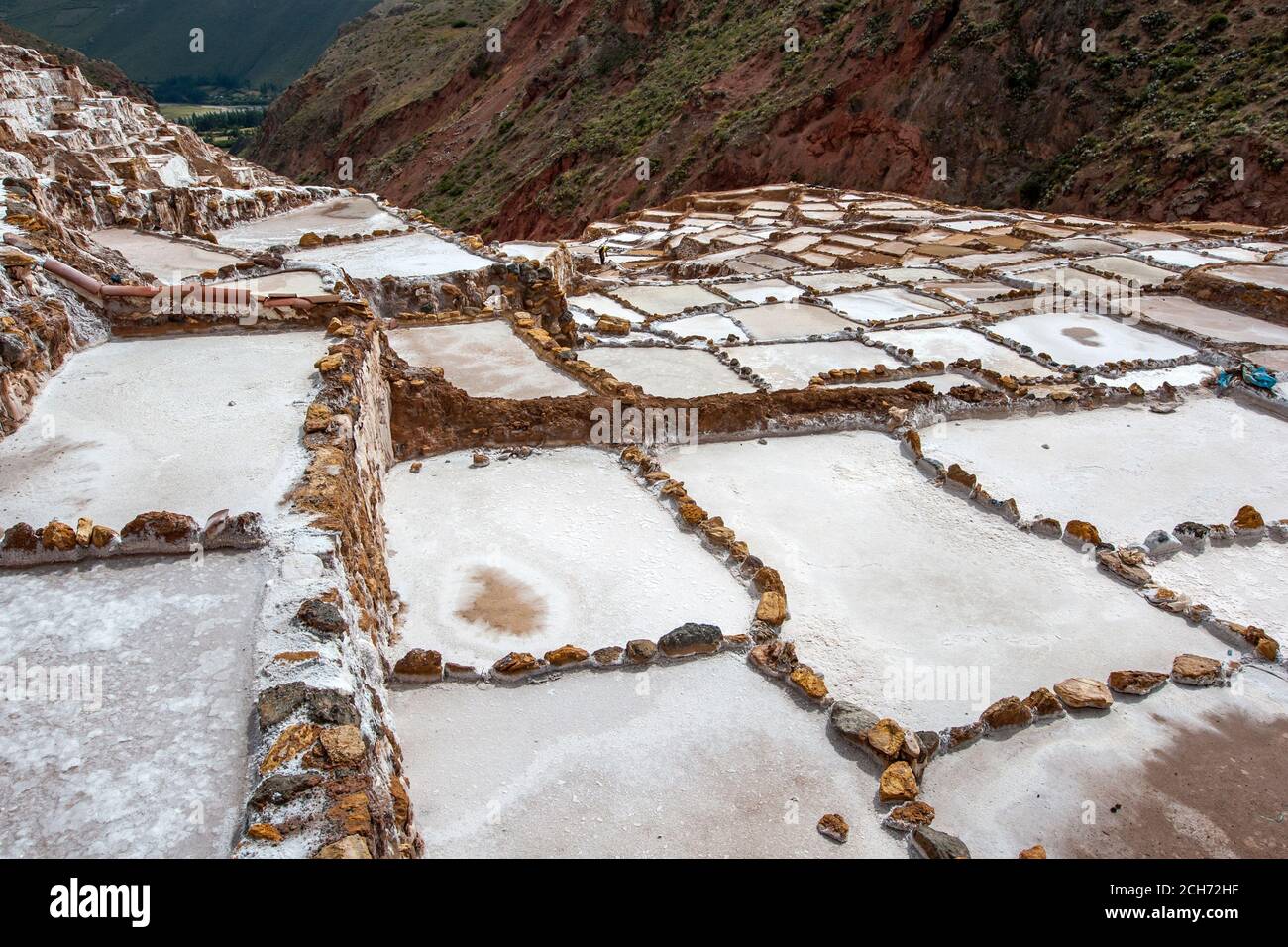 Die Maras Salzverdunstung Teiche im Heiligen Tal der Inkas in Peru. Die Teiche sind seit den Tagen der Inkas in Gebrauch. Stockfoto