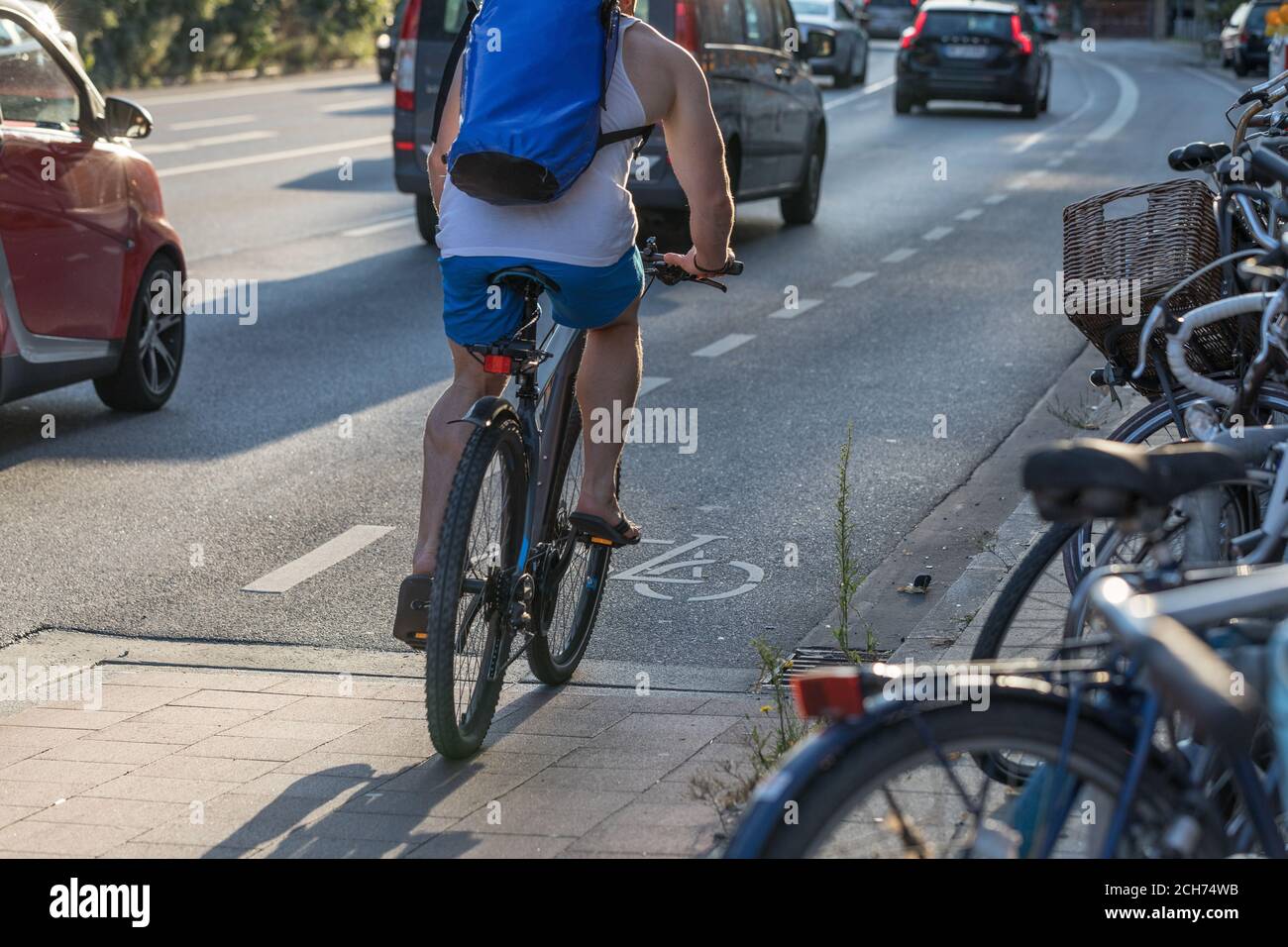 Männlicher Radfahrer auf Fahrradweg Stockfoto