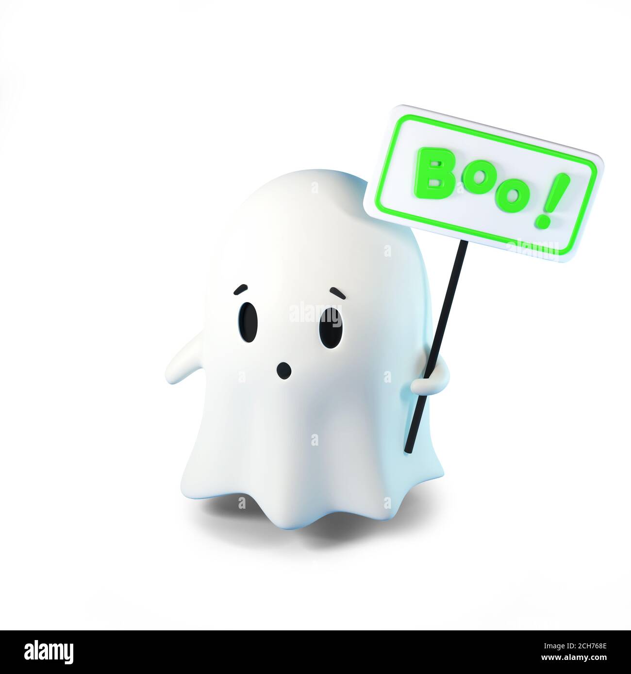 3D Rendering Illustration von niedlichen freundlichen Geist mit einer Inschrift auf dem Boo-Zeichen auf weißem Hintergrund. Frohe Halloween Stockfoto