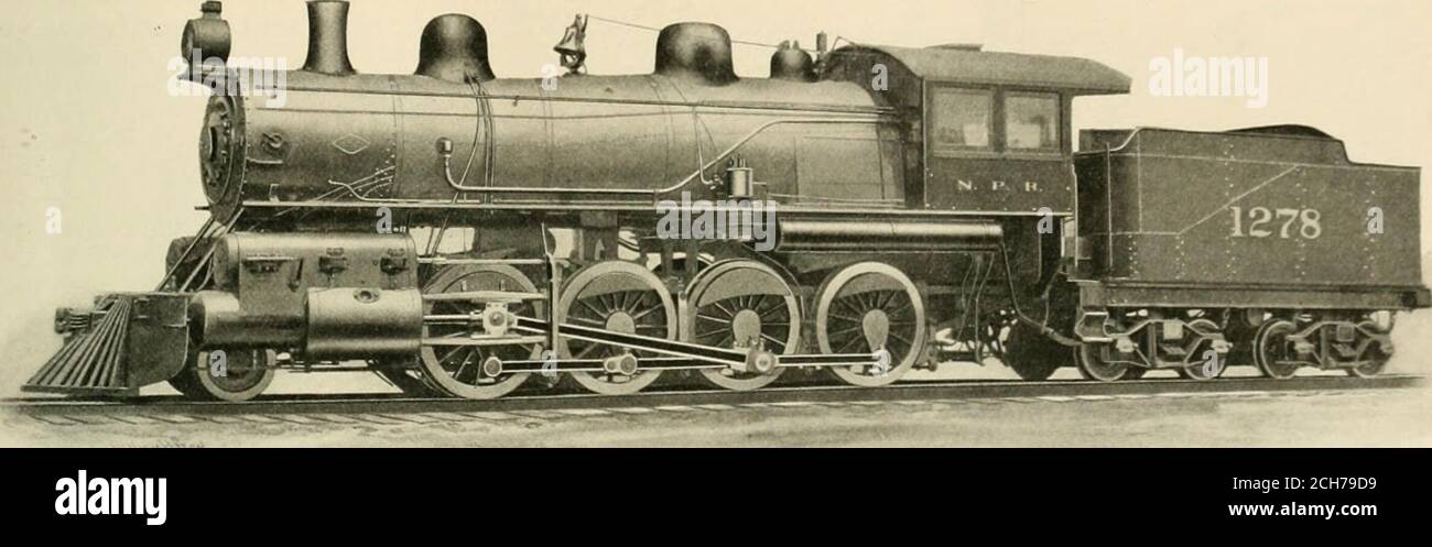 . Eisenbahn- und Lokomotivbau : eine praktische Zeitschrift der Eisenbahn-Triebkraft und Rollmaterial . t. Der Feuersteinbogen wird von vier Röhren unterstützt. Der Tender-Rahmen besteht aus Stahlkanälen. Die Tankkapazität ist: Wasser5,500 US-Gallonen, und Kohle, 10 Tonnen.der Motor präsentiert eine saubere und trimmen AP-pearance, seine Proportionen Bogen gut unddas Fahrerhaus ist geräumig und komfortabel. Ein paar der wichtigsten Zahlen, die diesen Motor concerning sind: Allgemeine Abmessungen – Gewicht in workink order.2o2, Soo lljs; Gewicht auf Fahrer, 180,400 lbs.; wei & gt;; HT-Motor und Ausschreibung in workinfi; Order, 316,800 lbs.; Radstand, drivi Stockfoto