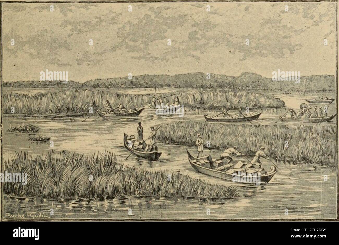 . Der Beginn der Zivilisation: Ägypten und Chaldäa . GIGANTISCHE CHALDÄISCHE SCHILF.1 DAS LAND AUS DEN GEWÄSSERN ZURÜCKGEWONNEN. 553 Parallel zum Euphrat.1 in dem Maße, wie der Kanal nach Süden verläuft, sinkt der Boden noch tiefer und wird gesättigt mit den überströmenden Gewässern, bis die Ufer allmählich verschwinden, die ganze Nachbarschaft in einen Morast umgewandelt wird. Der Euphrat und seine Äste erreichen das Meer nicht zu jeder Zeit :2 Sie sind zum größten Teil in weiten Lagunen verloren, zu denen die Flut aufkommt, und in seiner Ebbe trägt ihr Wasser mit sich. Eeeds wuchern dort üppig in Form Stockfoto