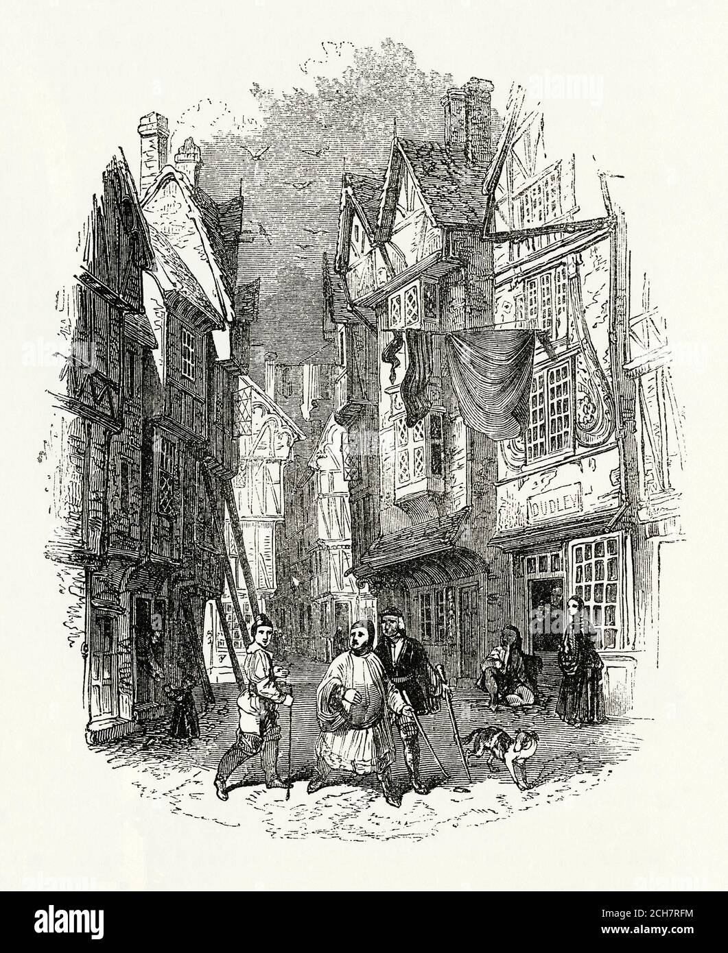 Ein alter Stich einer Straßenszene London, England, UK in den 1400er Jahren. Die Verhältnisse im Mittelalter waren miserabel und Slum-artig, die Straßen waren mit den Exkrementen von Menschen und Tieren bedeckt, sowie mit allerlei Müll – trotz eines Gesetzes, das bedeutete, dass jeder, der Müll auf der Straße abkippte, einer hohen Geldstrafe ausgesetzt war. Schlecht gebaute Häuser ohne Fundamente bedeuteten, dass ein Gebäudeeinsturz eine echte Möglichkeit war und oft war Arbeit erforderlich, um die Fachwerkhäuser zu stützen – siehe Mitte der hölzernen Stützen links. Stockfoto