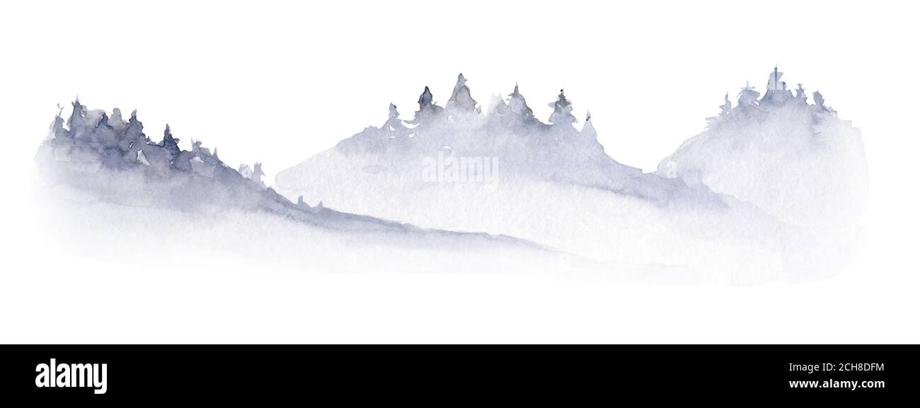 Aquarell Winterlandschaft mit Tannenwald die Berge. Weihnachten und Neujahr Design. Schnee und Baum Hochzeit und Einladungskarte. Urlaubsstimmung Stockfoto