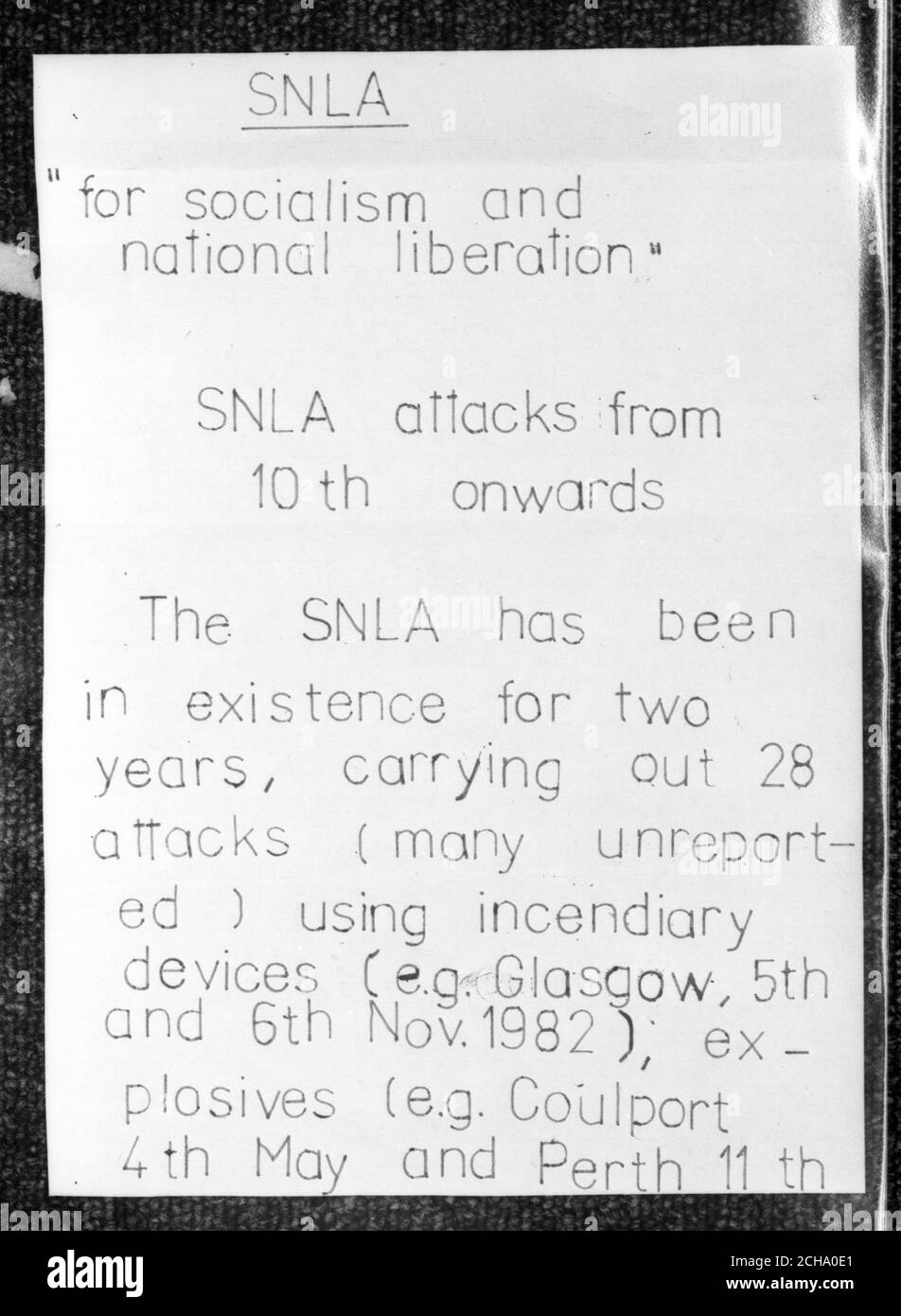 Teil des Briefes, den die Pressevereinigung der Scottish National Liberation Army erhalten hat. Stockfoto