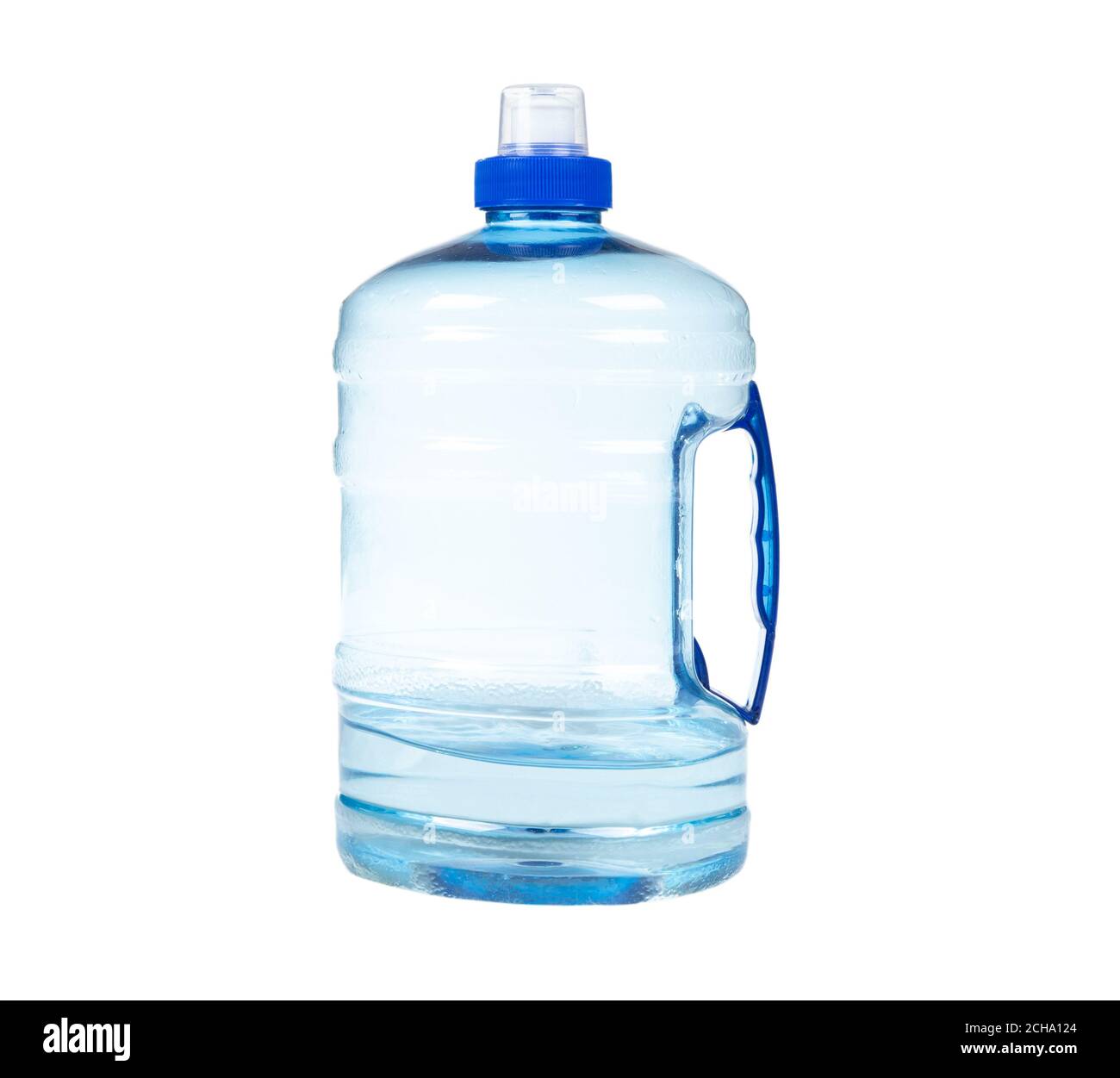 Isolierte Aufnahme der blauen Plastikflasche auf weißem Hintergrund Stockfoto