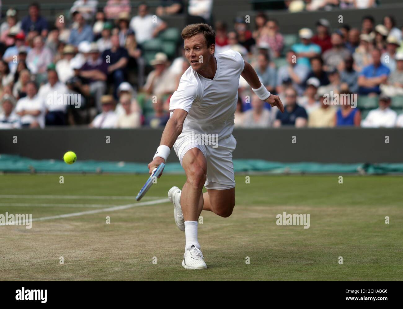 Tomas Berdych im Einsatz gegen Lucas Pouille am 9. Tag der Wimbledon Championships beim All England Lawn Tennis und Croquet Club, Wimbledon. Stockfoto