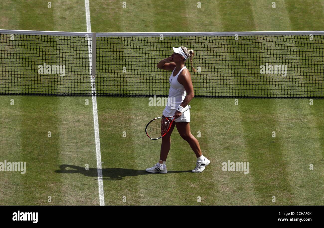 Angelique Kerber feiert folgenden Sieg über Venus Williams am 10. Tag der Wimbledon Championships beim All England Lawn Tennis und Croquet Club in Wimbledon. Stockfoto