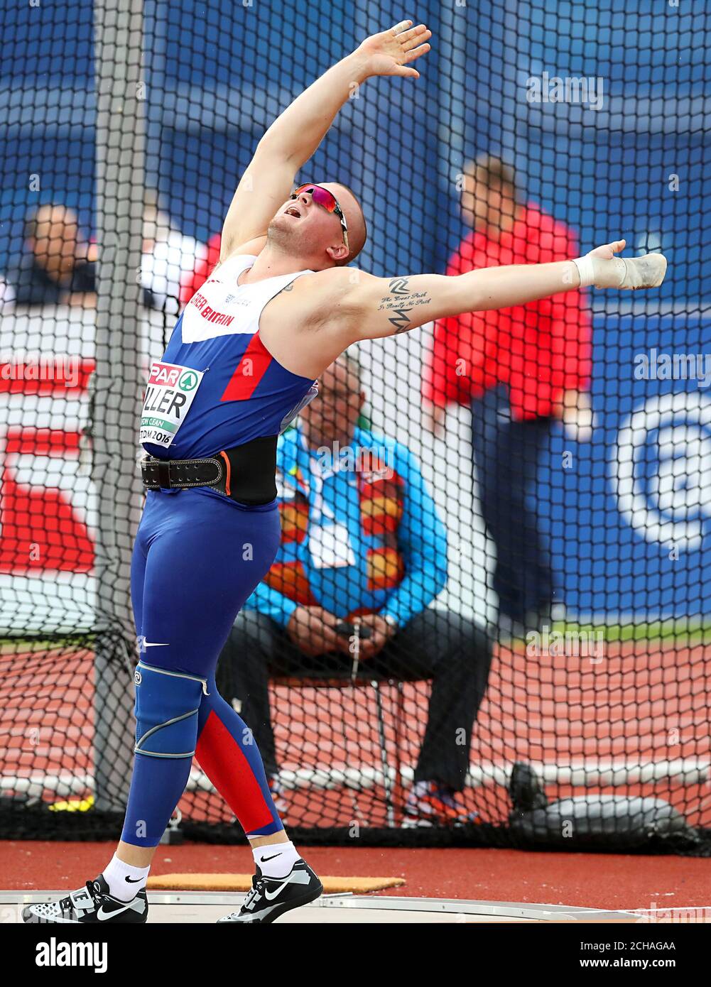 Der Brite Nick Miller bei den Herren-Hammerwurf-Qualifikationsrunden am dritten Tag der Europameisterschaft 2016 im Olympiastadion in Amsterdam. Stockfoto