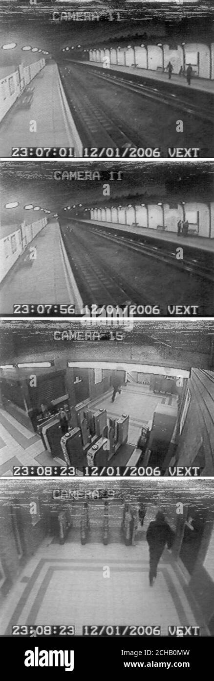 Detektive, die den Mord an Tom AP Rhys Pryce untersuchen, haben am 16. Januar 2006 CCTV-Standbilder von zwei Verdächtigen veröffentlicht, die sie verfolgen möchten. Die beiden oberen Standbilder zeigen die beiden Männer, die den asiatischen Mann rauben, der auf einer Bank im Kensal Green Station sitzt. Sie intimen sie haben ein Messer, obwohl keines vom Opfer gesehen wird und berauben ihn anschließend eines Mobiltelefons, Oyster-Karte und Bargeld. Die beiden unteren Bilder zeigen, wie sie den Bahnhof verlassen. Siehe PA Geschichte POLIZEI Solicitor. DRÜCKEN Sie VERBANDSFOTO. Bildnachweis sollte lauten: Metropolitan Police / PA. Stockfoto
