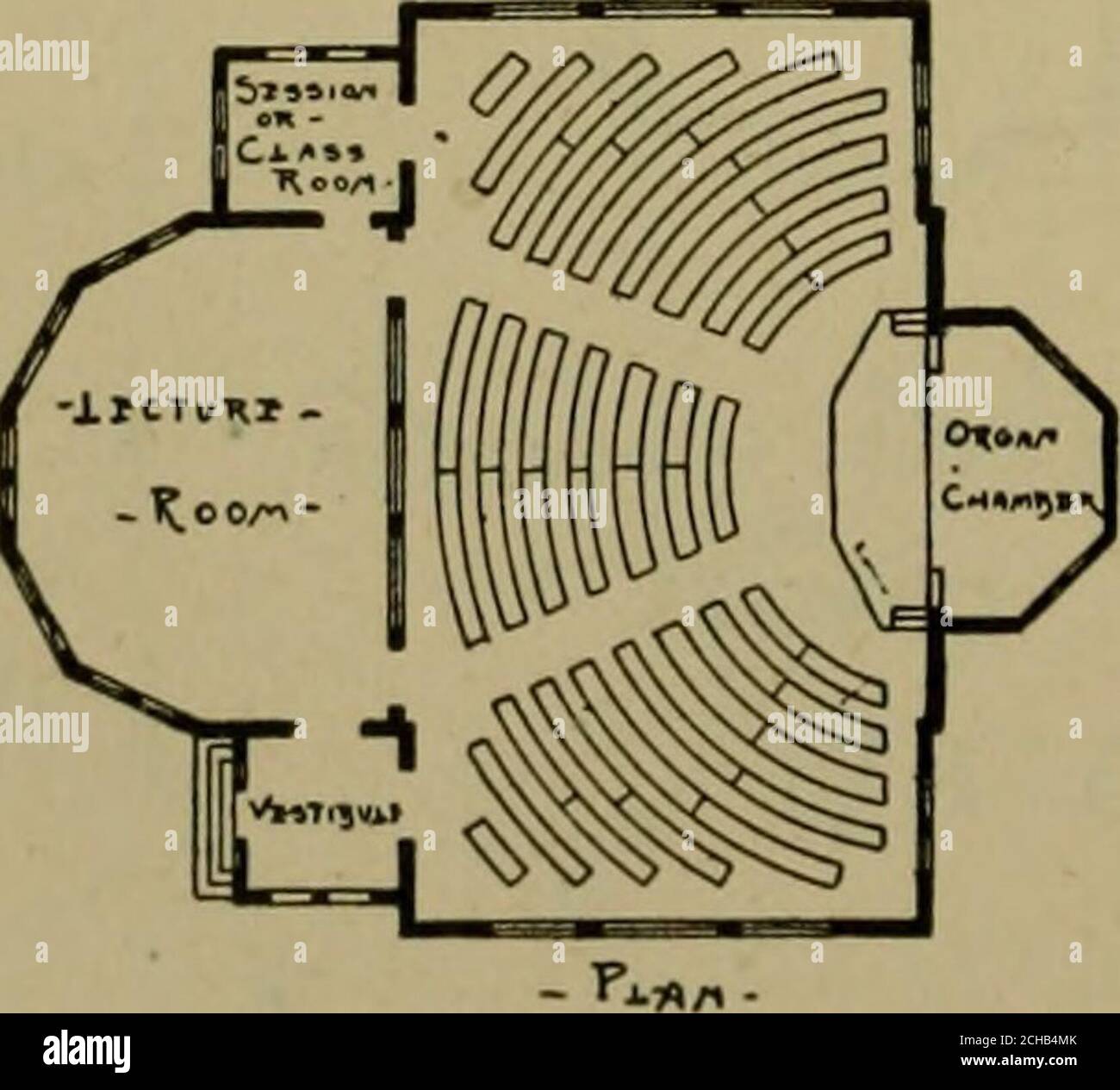 . Jahresberichte der Vorstände an die Generalversammlung . 15AftC PUK.5ELL • AlLC-NiTtCT1I=)300TM r0UI?,TH 3TR EET-PrtUflDti.?rtlrt • PA. Dies ist ein Entwurf für eine kleine Kirche im Kolonialstil.der Audienzraum ist 32 x 56 Fuß; der Vortragsraum ist 22 x 32 Fuß; Sitzungssaal 10 x 11 Fuß; Orgelaussparung 10 x 14 Fuß. Der Raum Thelecture ist vom Hauptraum durch Trennwände getrennt, die aufgehängt sind und angehoben werden können, so dass die beiden Räume als ein Raum genutzt werden können. Die Sitzkapazität des Hauptraum ist 200; der Raum 100, was insgesamt 300 für das ganze macht. Die Konstruktion ist Rahmen, und w Stockfoto