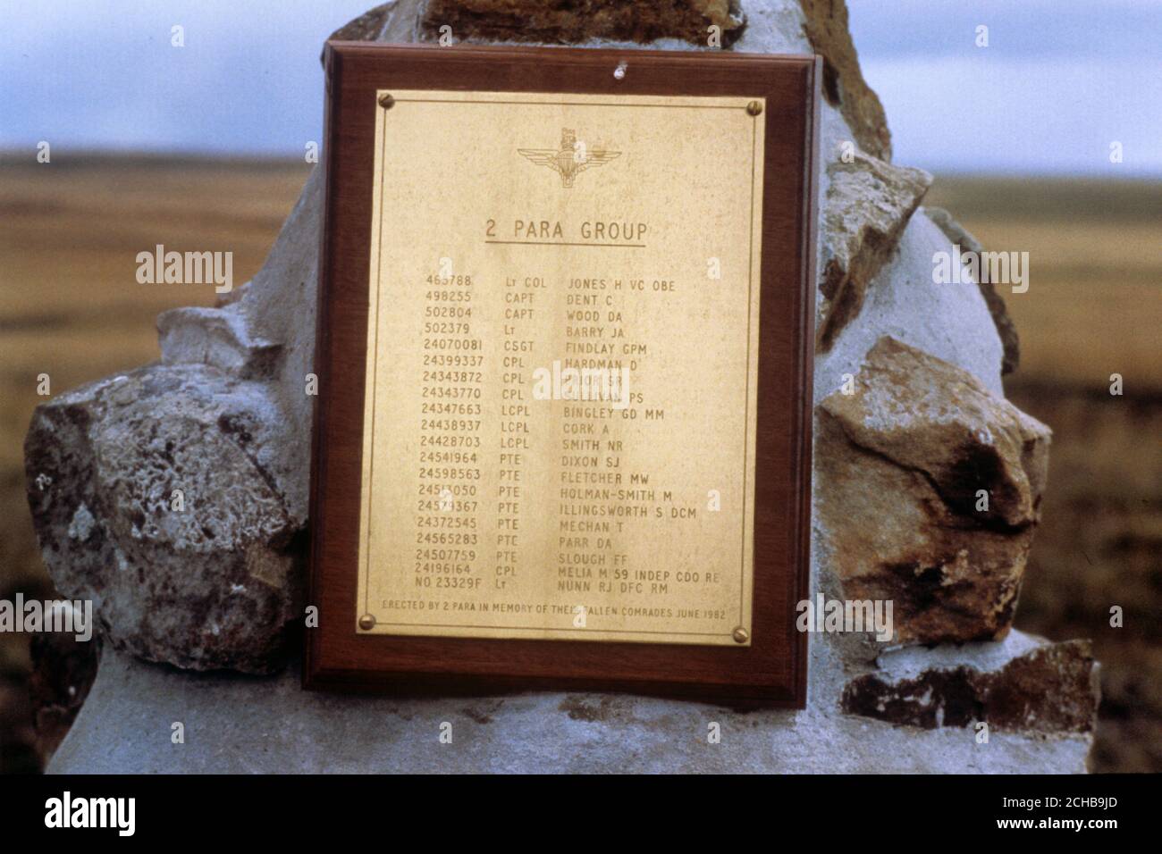 Die Ehrenrolle am Denkmal zu 2 para bei Goose Green. Stockfoto
