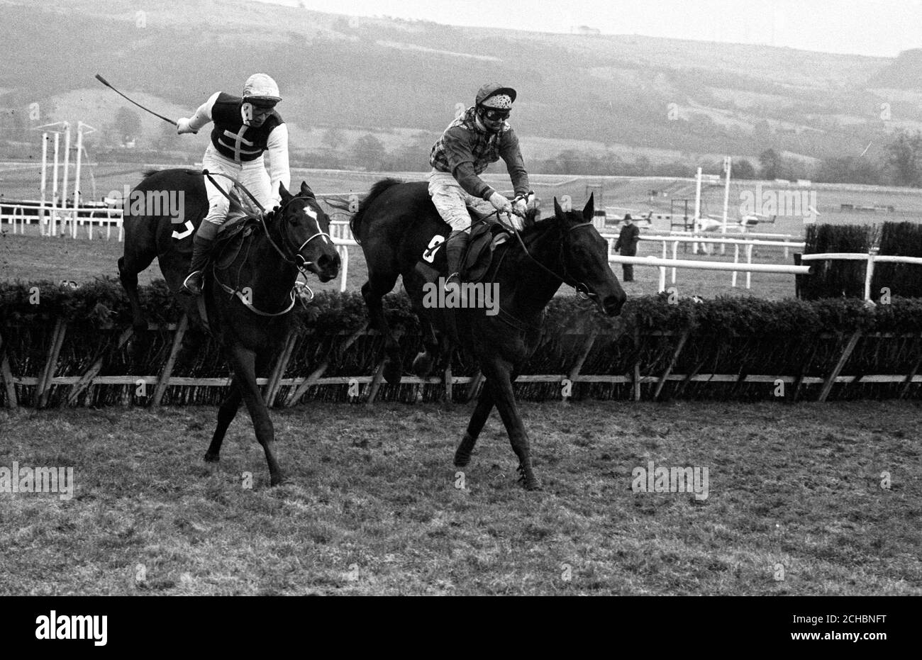 Dessie Hughes hebt seine Peitsche, um Monksfield vor dem Rivalen Sea Pigeon (r), Jonjo O'Neill, zu fahren und zum Sieg nach der letzten Hürde in der Waterford Crystal Champion Hurdle Challenge Trophy für das zweite Jahr in Folge in Cheltenham. Stockfoto