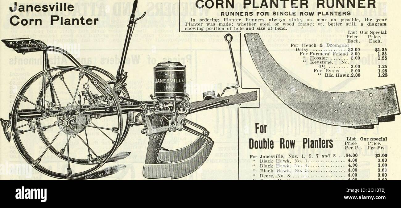 . 1915 Griffith und Turner Co. : Land- und Gartenbedarf . ALLE PREISE KÖNNEN OHNE VORHERIGE ANKÜNDIGUNG GEÄNDERT WERDEN. ^ GRIFFITH (SL TURNER CO^J^io7 JanesvilleCorn Planter RUNNERS FÜR EINZELREIHENPFLANZER bei der Bestellung von Planter Rnners geben Sie immer an, so nahe wie möglich, dass Planter gemacht wurde; ob Stahl- oder Holzrahmen; oder, besser noch, bowins Position des Lochs und Größe der Biegung. -^ Liste O Prii each. Für ITench & Dromgold Dai.sy 2.00 € für Farmers Friend 2.00 Hoosier 2.00 ** Kevstone. Nr. Abb. 2.00 für Nivans 2.00 X schwarz. Hawk.8.00. MAIS-PFLANZMASCHINE LÄUFER das Jahr I Diagramm lar SpecialPriie.each. 1.251.251.25 1.251.251 US-Dollar. Stockfoto