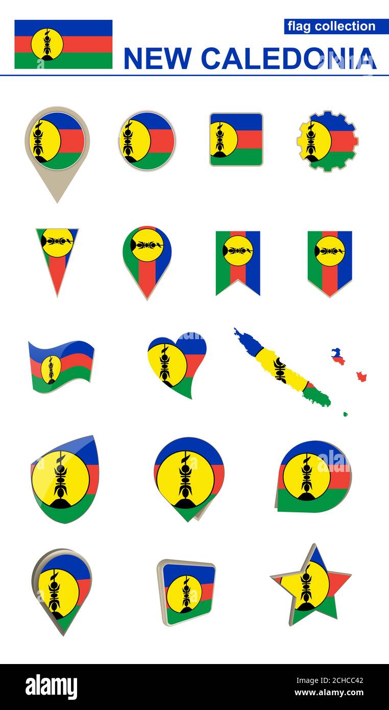 Neue Caledonia Flag Collection. Großes Set für Design. Vektorgrafik. Stock Vektor