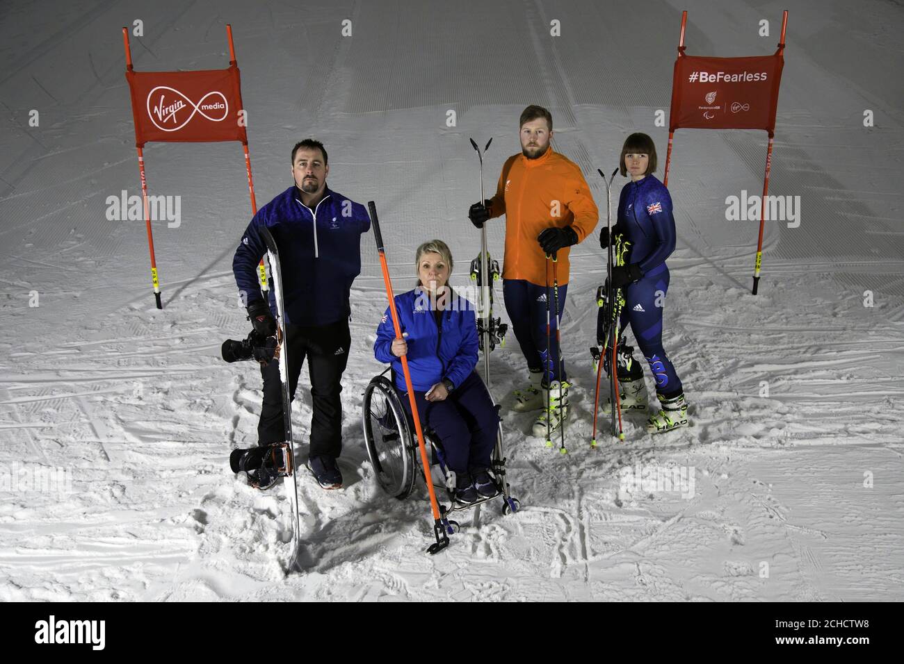 MONTAG, den 5. MÄRZ, 0001. MÄRZ, NUR FÜR REDAKTIONELLE VERWENDUNG gesperrt (von links nach rechts) die Paralympier Ben Moore, Angie Malone MBE, Brett Wild und Millie Knight unterstützen Virgin Media bei der Bekanntgabe einer Gold-Tier-Partnerschaft mit der British Paralympic Association (BPA). Mit dem ParalympicsGB-Team im Wettbewerb bei den Paralympischen Winterspielen PyeongChang 2018, die an diesem Freitag beginnt. Stockfoto