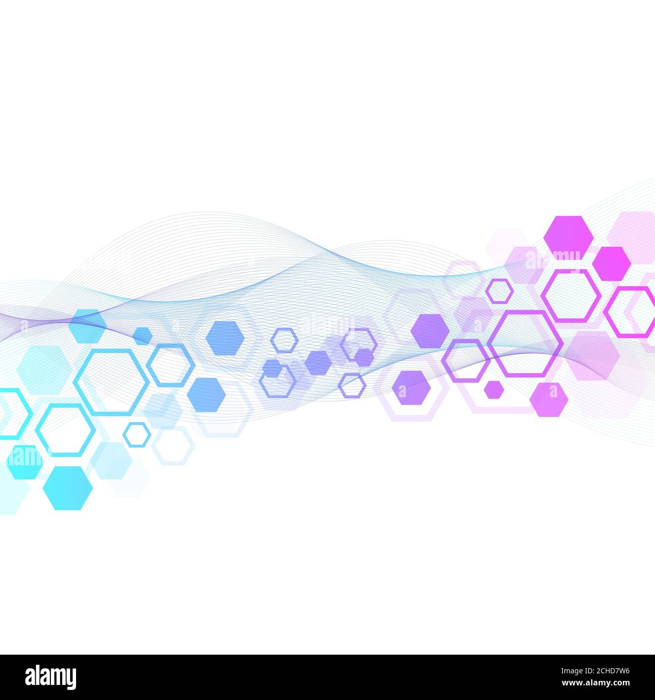 Wissenschaftlicher Molekülhintergrund für Medizin, Wissenschaft, Technologie, Chemie. Tapete oder Banner mit einem DNA-Moleküle. Geometrische dynamische Illustration. Stockfoto