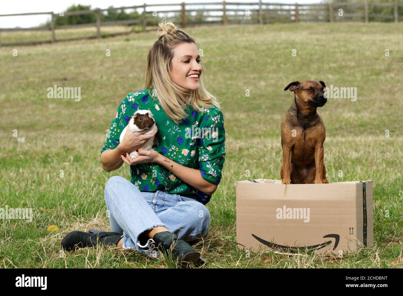 Ashley Roberts bei ihrem Besuch auf der Mudchute Farm in London, um ihre Rolle als Chefrichterin des „Face of Amazon Pets“ bekannt zu geben, einem Wettbewerb, bei dem eines der Gewinner den Hauptpreis eines £1,500-Geschenkgutscheins und ein professionelles Foto- und Videodreh erhält. Stockfoto