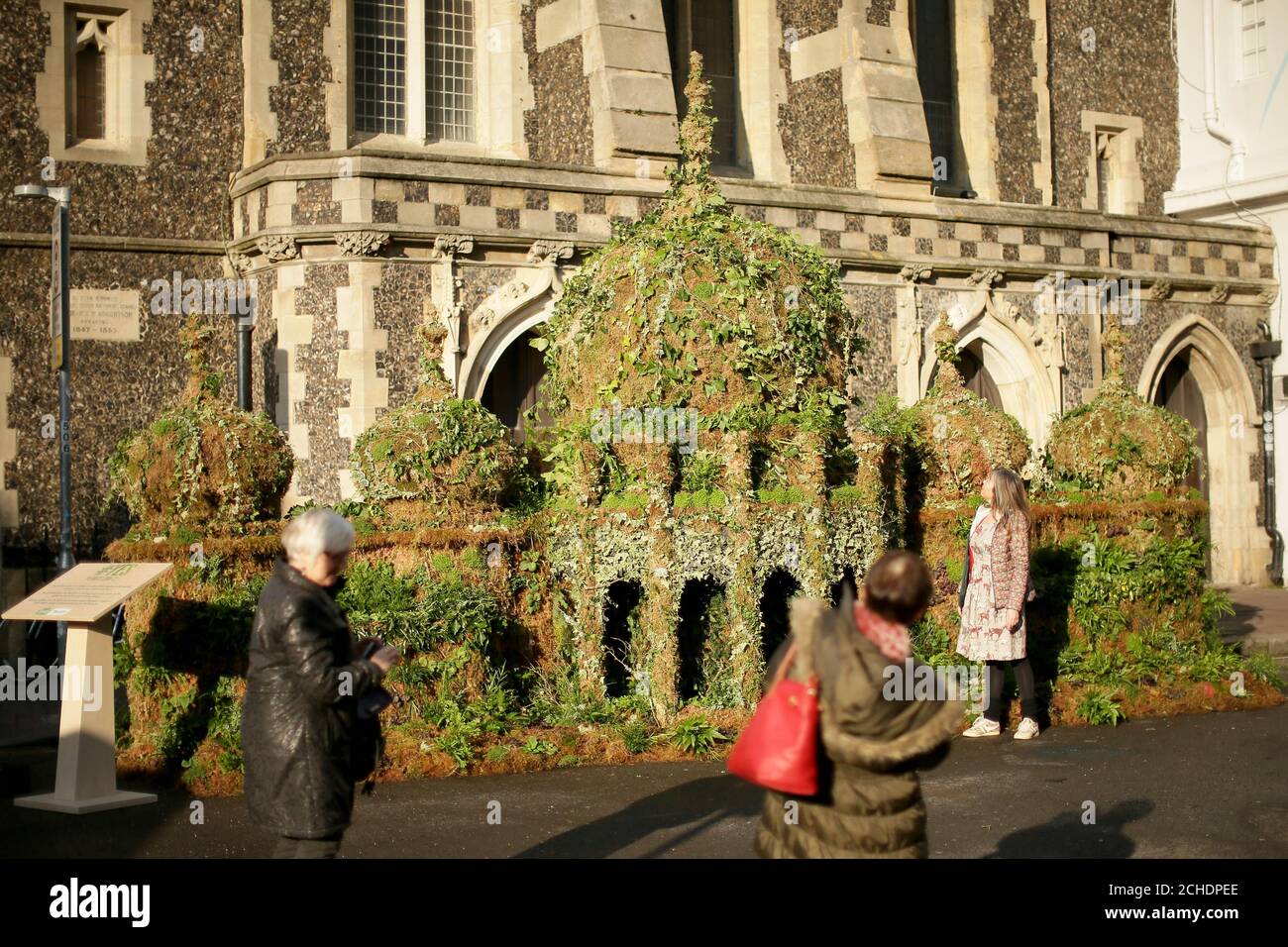 REDAKTIONELLE VERWENDUNG NUR Mitglieder der Öffentlichkeit betrachten eine 12m große Replik des Brighton Pavilion aus Pflanzen, Erstellt von Seventh Generation und Plantlife in Brighton, um Menschen zu ermutigen, eine Online-Petition zu unterzeichnen, die die Regierung auffordert, mehr in pflanzenbasierte Lösungen zur Bekämpfung des Klimawandels zu investieren. Stockfoto