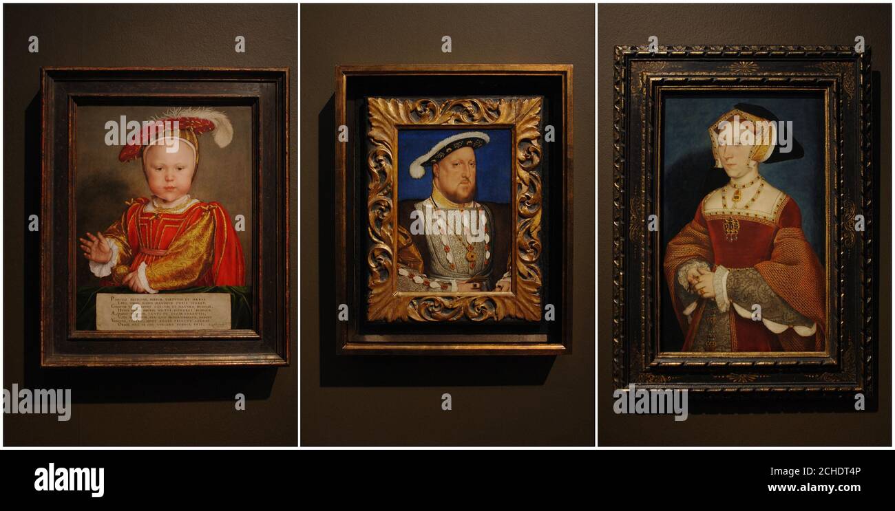 Ein Komposit aus drei Gemälden von Hans Holbein, (von links) Henry VIII's alleinigen männlichen Erben Edward, Prince of Wales; König Henry VIII; und Königin Jane Seymour, die zwölf Tage nach der Geburt von Edward starb; während einer Pressevorschau der neuen Holbein in England Ausstellung in der Londoner Tate Britain. Stockfoto