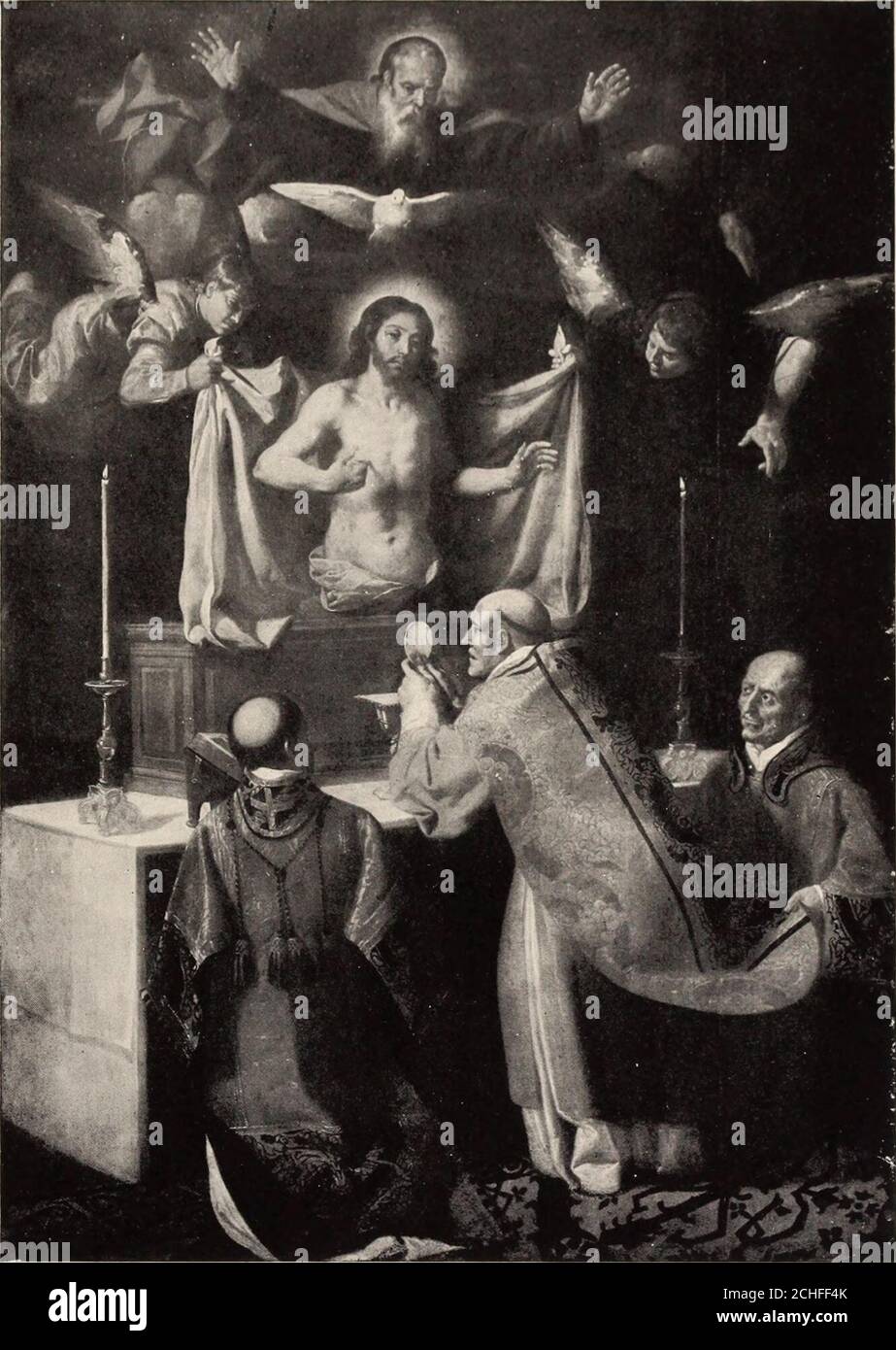 . Bebilderter Katalog der wertvollen Gemälde und Skulpturen der alten und modernen Meister, die die berühmte Catholina Lambert Collection bilden, die aus dem Belle Vista Castle, Paterson, New Jersey entfernt wurde. AI/1A 0 0 FRANCISCO DE RIBALTA Spanisch: Um 1550 – 1628 ^QD, – DIE ERHEBUNG DES WIRTES EIN GROSSES Altarbild mit zahlreichen Kerzen; zwei kniende Priester und ein Begleiter, einer mit einem Medaillon der Kreuzigung, der Nackthalbfigur Christi, offenbart von Engeln mit weißen Draperien; Über der Figur Christi befinden sich die Taube und die erste Person der Dreifaltigkeit, die einen Segen gibt. Leinwand: Höhe, Stockfoto