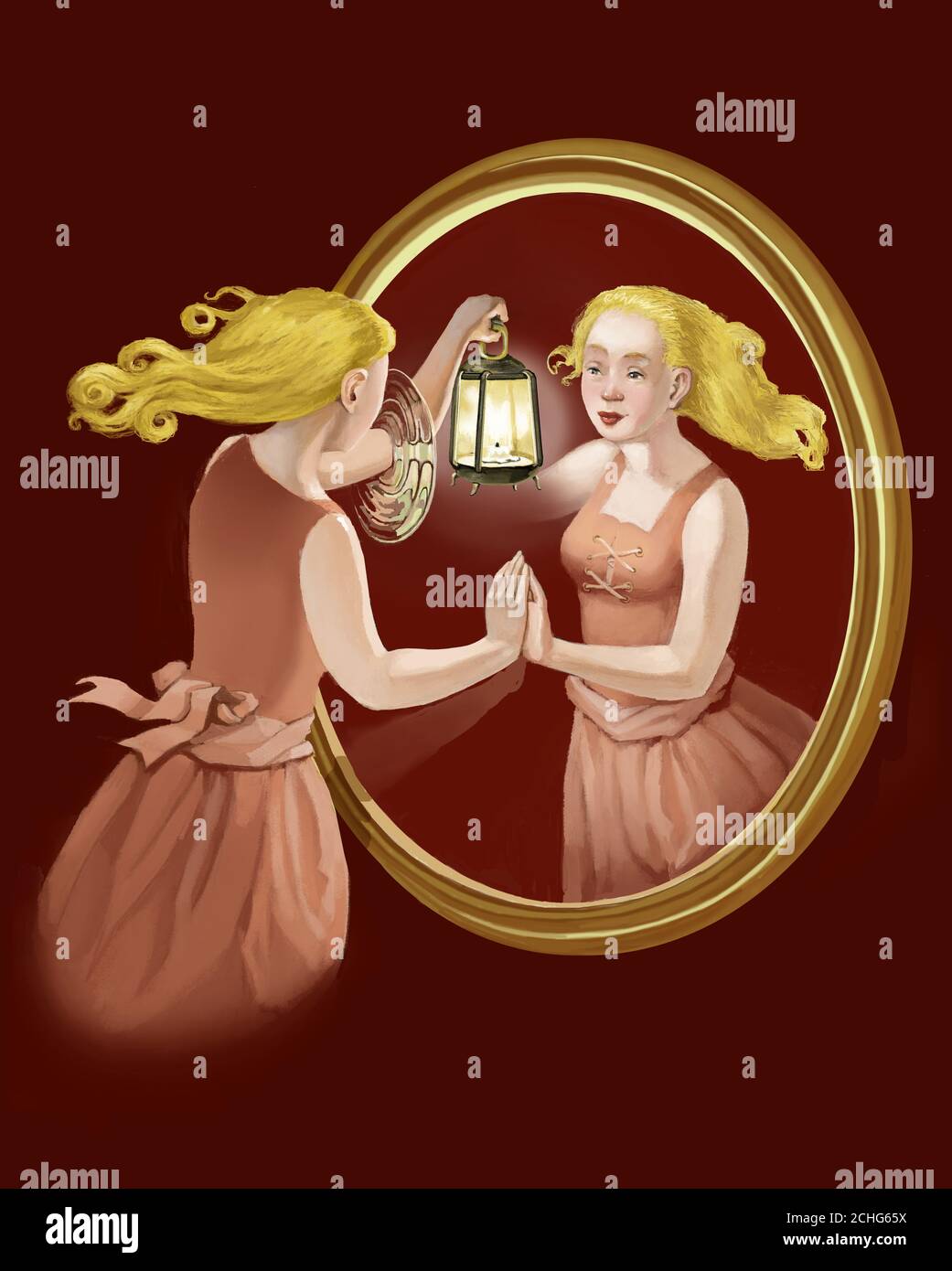 Frau schauen in einen Spiegel ihren Arm hält eine Lampe Gehen Sie in den Spiegel surreale Acryl Illustration Stockfoto