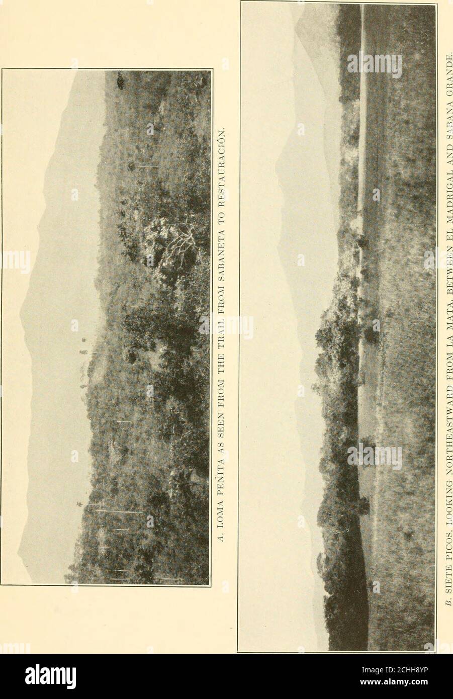 . Eine geologische Erkundung der Dominikanischen republik. Eine Höhe von ca. 500 Metern über dem Meeresspiegel. Rio Guayajayuco oder Artibonito, hier ein schneller Bach, der etwa 18 Meter breit in einer steilen Sandsteinschlucht fließt, wird in der Nähe der Kleinsiedlung Guayajayuco überquert. Von Guayajayuco aus führt der Weg 9 oder 10 Kilometer über Steephalts, folgt dem Bett des Rio Guayajayuco für etwa einen Kilometer und steigt dann auf die grasbewachsene Bank, auf der die kleine Siedlung El Amacey steht. Bei El Amacey beginnt der steile Aufstieg von Loma Vieja. Der Weg klettert etwa 650 Meter über dem Fluss bis an Stockfoto