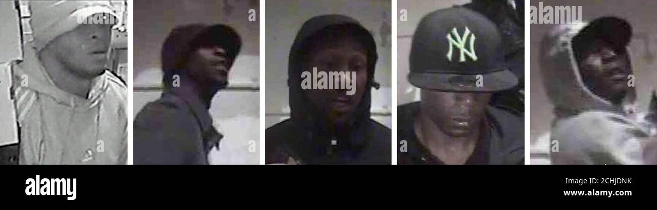 Metropolitan Police CCTV-Fotos von fünf Verdächtigen, die die Polizei nach dem Raub des W10 Sports Shop, Ladbroke Grove, London sucht. Sechs Personen wurden für ihren Teil an der Entführung und falschen Inhaftierung von zwei Ladenarbeitern in West-London für schuldig befunden. Stockfoto