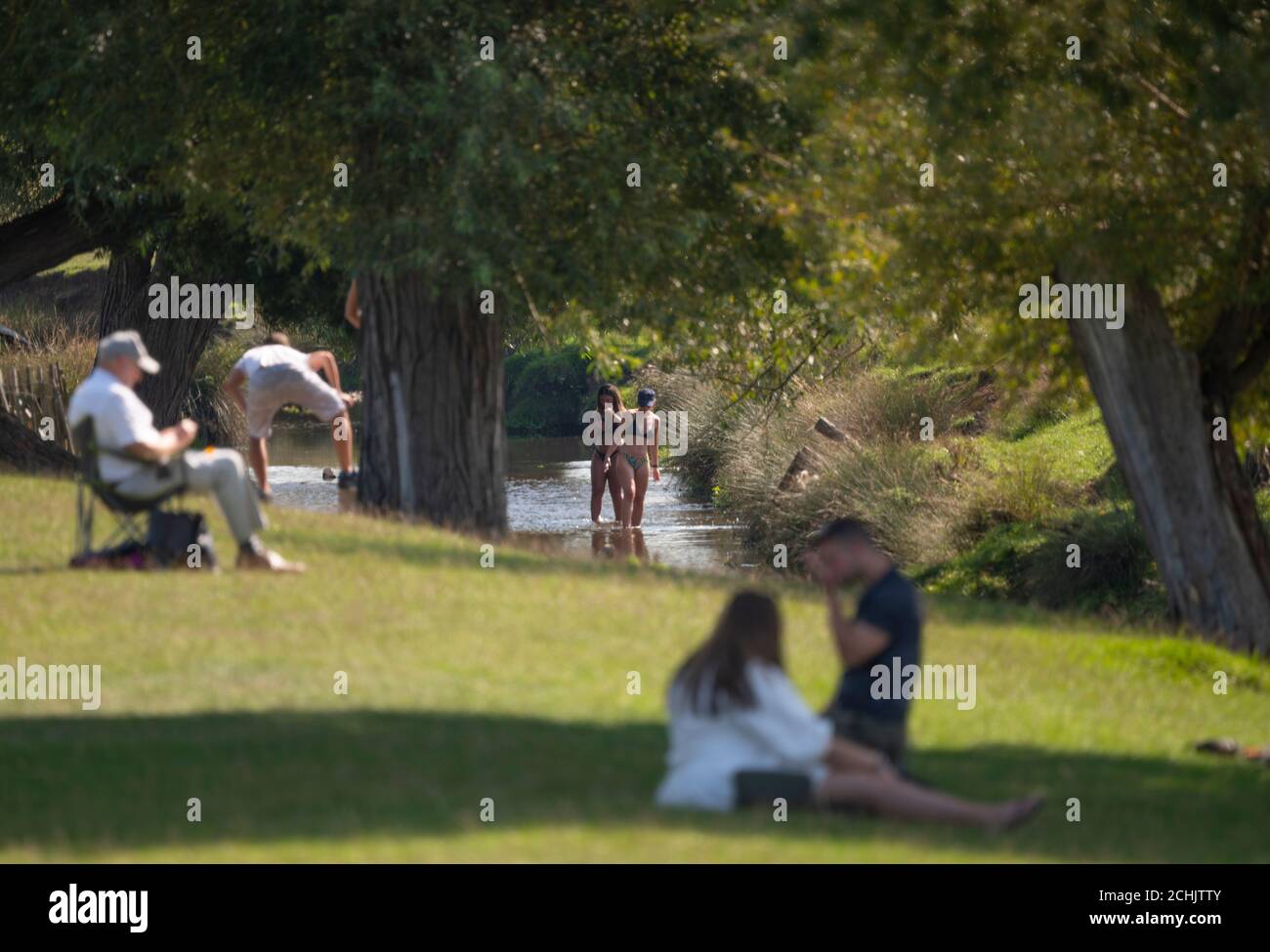 Richmond Park, London, Großbritannien. 14. September 2020. Die Leute entspannen sich am Beverley Brook, der an einem heißen Tag Mitte September durch den Richmond Park läuft. Quelle: Malcolm Park/Alamy Live News. Stockfoto